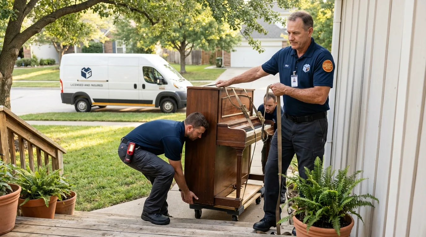 Licensed piano movers securing grand piano in Philadelphia, PA