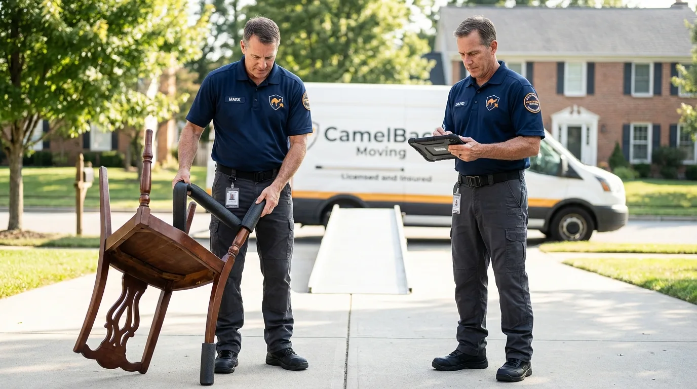 Movers inspecting furniture for damage prevention before loading in Philadelphia, PA