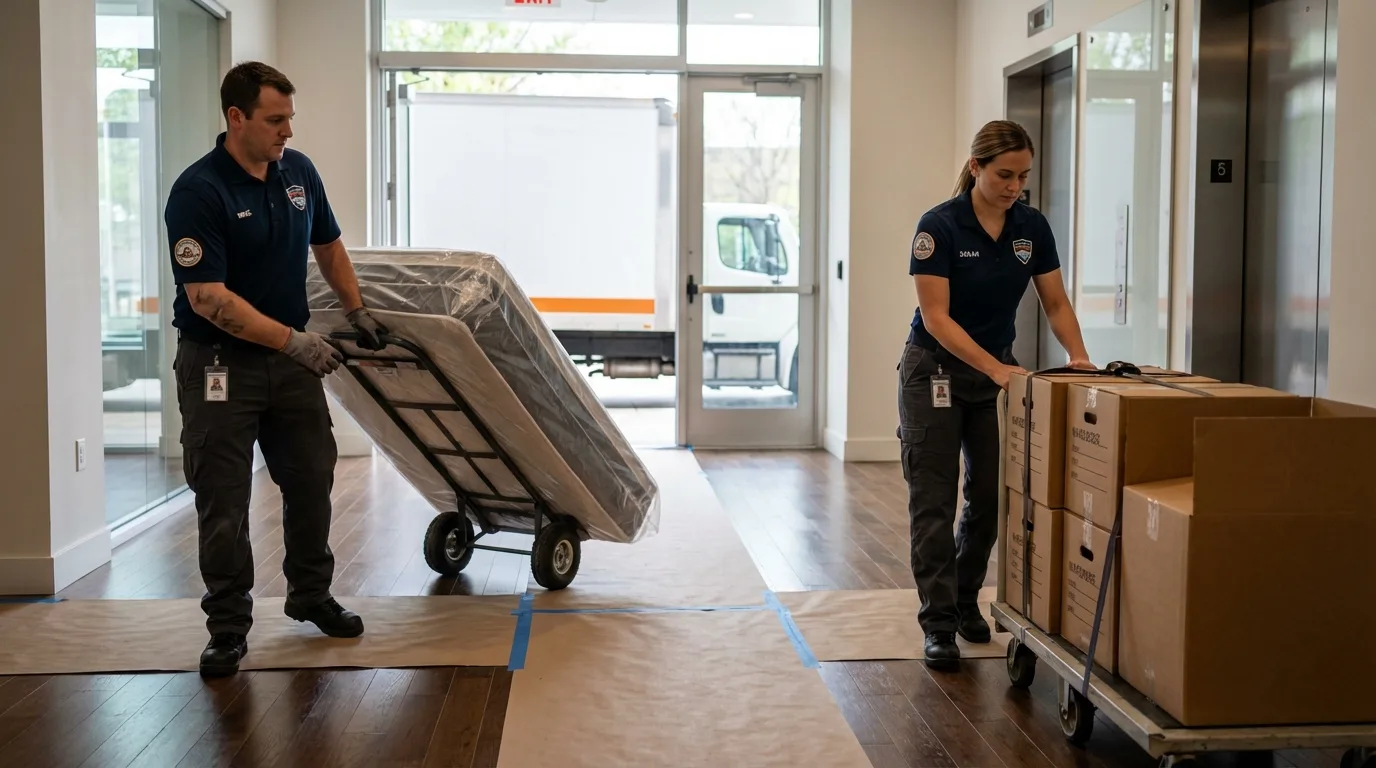 Professional apartment movers loading elevator in Philadelphia, PA