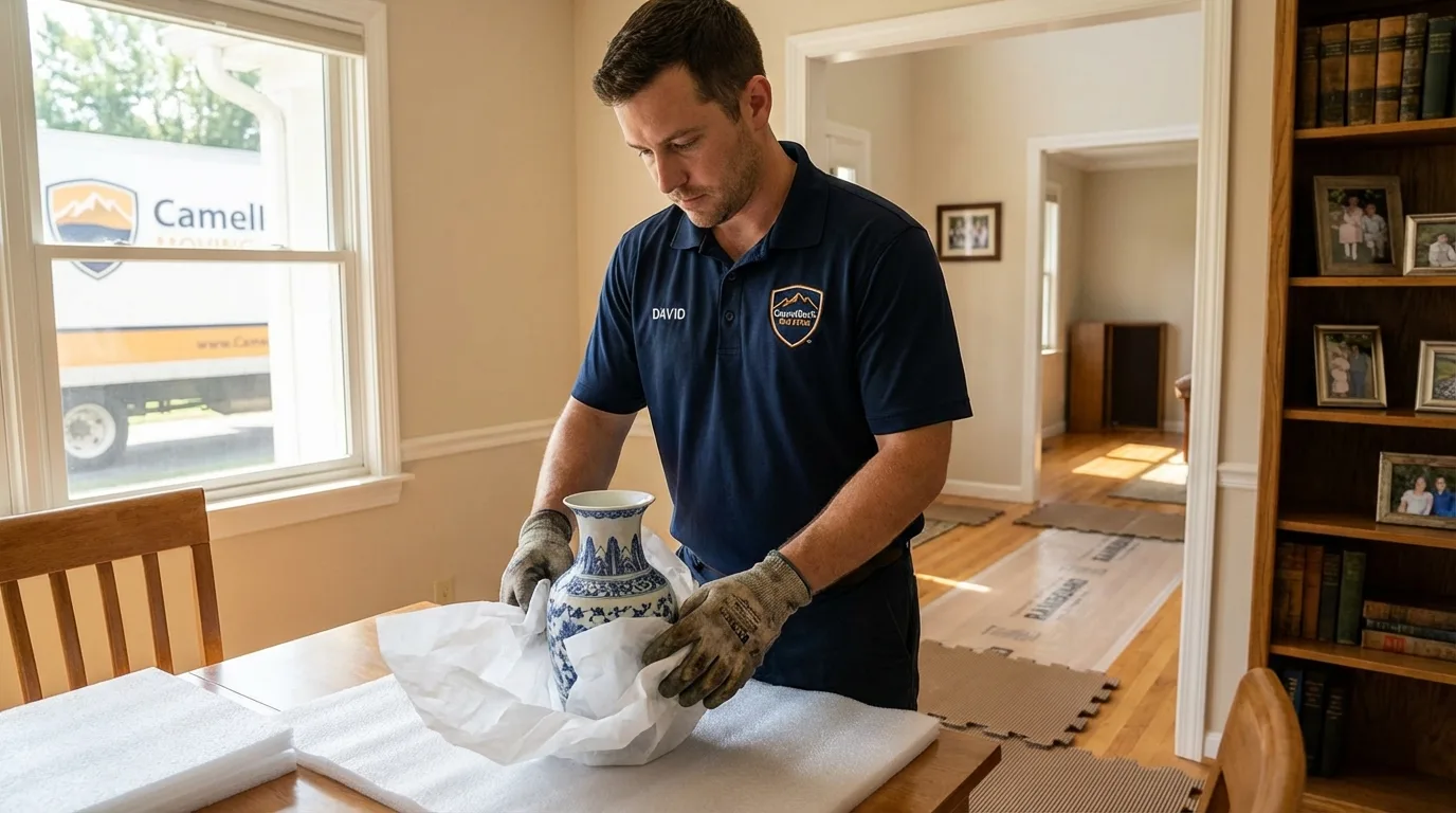 Professional crew carefully wrapping antique vase for senior downsizing move in Philadelphia, PA